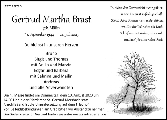 Anzeige von Gertrud Martha Brast von  Lokalanzeiger 