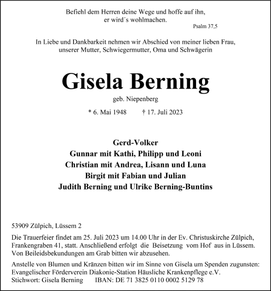 Anzeige von Gisela Berning von  Blickpunkt Euskirchen 