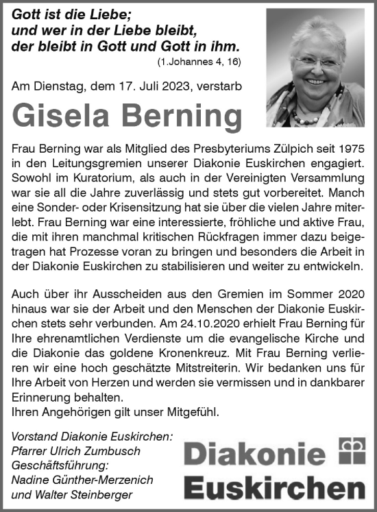 Anzeige von Gisela Berning von  Blickpunkt Euskirchen 