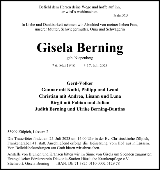 Anzeige von Gisela Berning von Kölner Stadt-Anzeiger / Kölnische Rundschau / Express