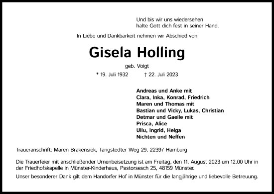 Anzeige von Gisela Holling von Kölner Stadt-Anzeiger / Kölnische Rundschau / Express