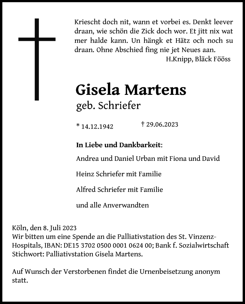  Traueranzeige für Gisela Martens vom 08.07.2023 aus Kölner Stadt-Anzeiger / Kölnische Rundschau / Express