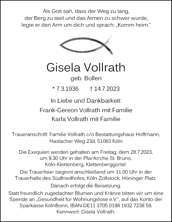 Anzeige von Gisela Vollrath von Kölner Stadt-Anzeiger / Kölnische Rundschau / Express