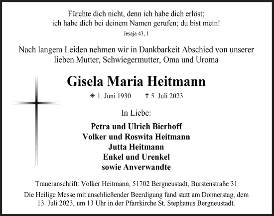 Anzeige von Gisela Maria Heitmann von  Anzeigen Echo 