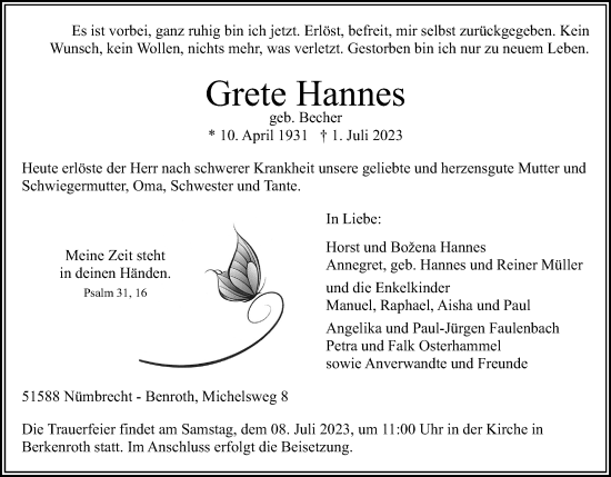 Anzeige von Grete Hannes von Kölner Stadt-Anzeiger / Kölnische Rundschau / Express