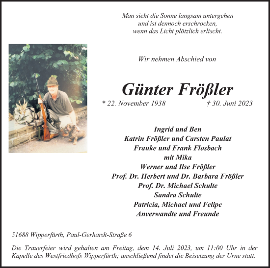 Anzeige von Günter Frößler von Kölner Stadt-Anzeiger / Kölnische Rundschau / Express
