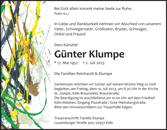 Anzeige von Günter Klumpe von Kölner Stadt-Anzeiger / Kölnische Rundschau / Express