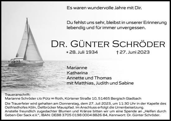 Anzeige von Günter Schröder von Kölner Stadt-Anzeiger / Kölnische Rundschau / Express