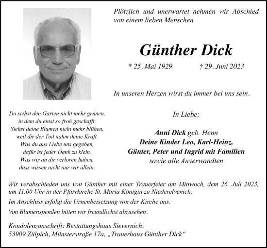 Anzeige von Günther Dick von  Blickpunkt Euskirchen 