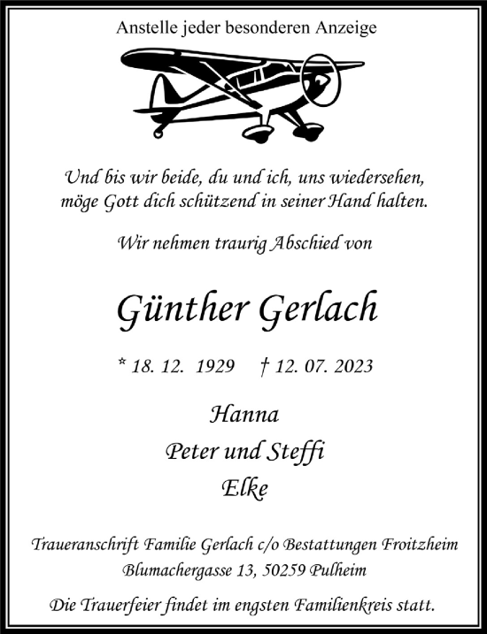 Anzeige von Günther Gerlach von  Wochenende 