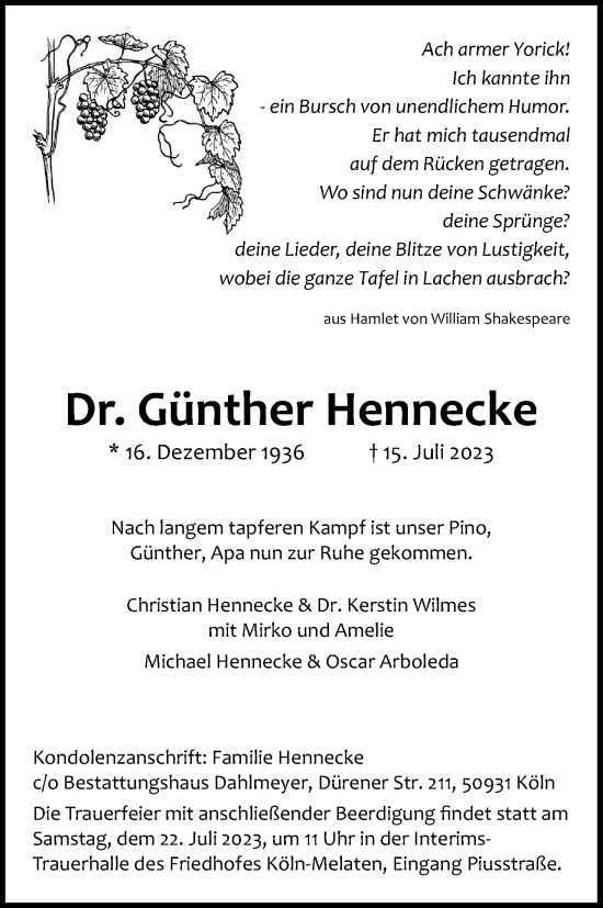 Anzeige von Günther Hennecke von Kölner Stadt-Anzeiger / Kölnische Rundschau / Express