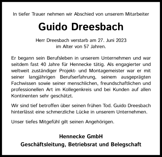 Anzeige von Guido Dreesbach von Kölner Stadt-Anzeiger / Kölnische Rundschau / Express