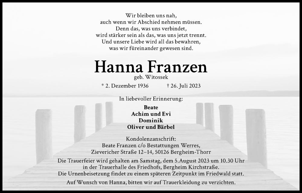 Traueranzeige für Hanna Franzen vom 31.07.2023 aus Kölner Stadt-Anzeiger / Kölnische Rundschau / Express
