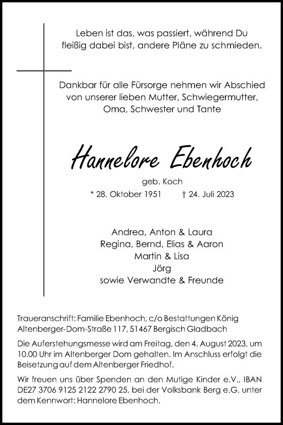 Anzeige von Hannelore Ebenhoch von Kölner Stadt-Anzeiger / Kölnische Rundschau / Express