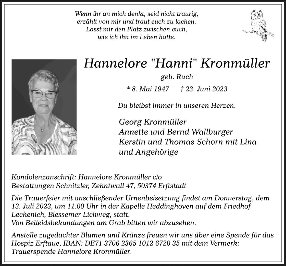  Traueranzeige für Hannelore Kronmüller vom 07.07.2023 aus  Werbepost 