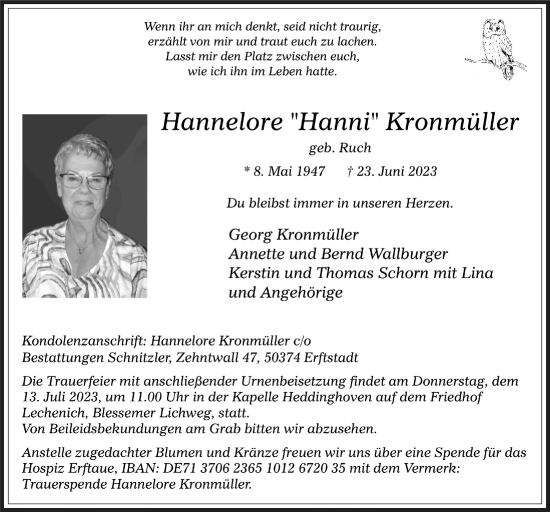 Anzeige von Hannelore Kronmüller von  Werbepost 