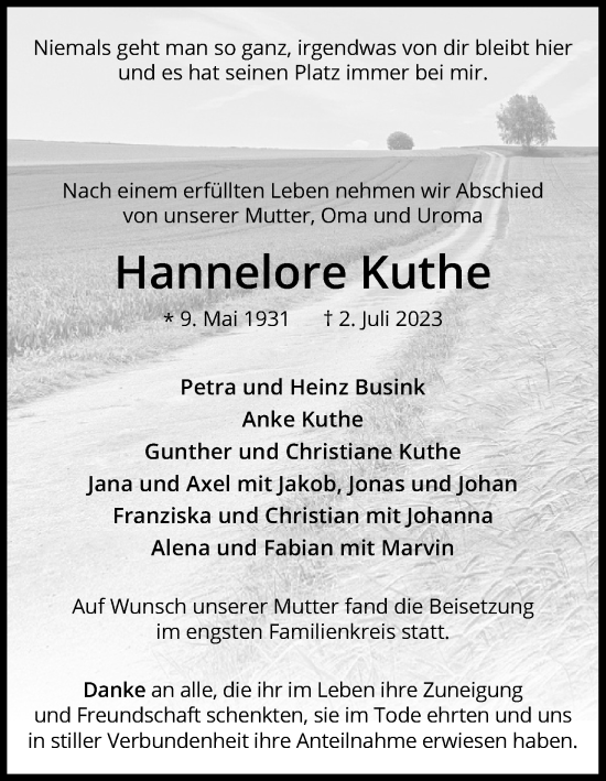 Anzeige von Hannelore Kuthe von Kölner Stadt-Anzeiger / Kölnische Rundschau / Express