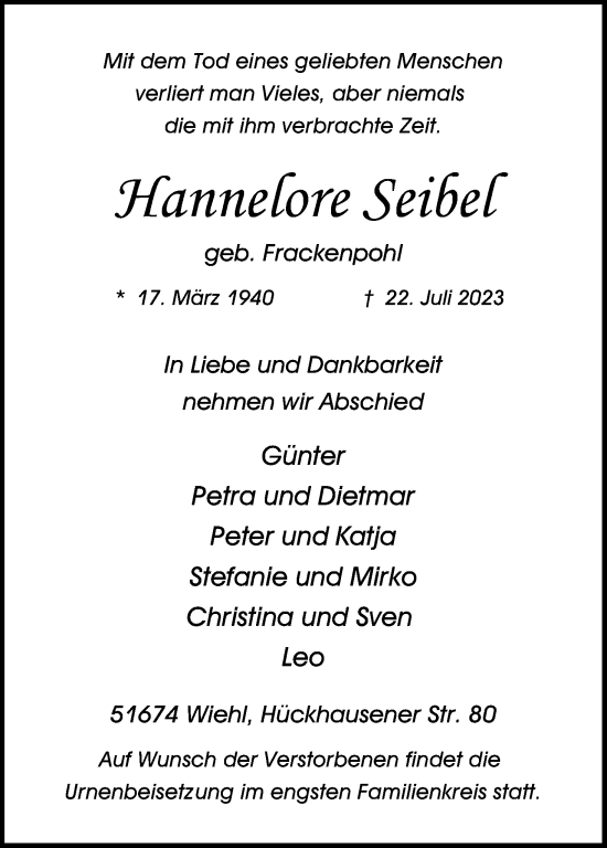 Anzeige von Hannelore Seibel von Kölner Stadt-Anzeiger / Kölnische Rundschau / Express