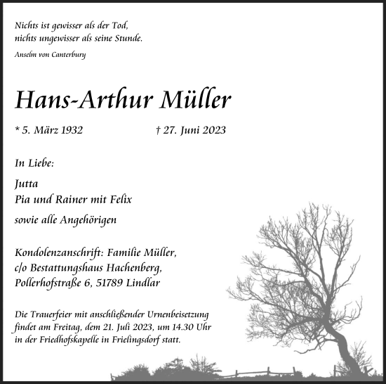 Anzeige von Hans-Arthur Müller von Kölner Stadt-Anzeiger / Kölnische Rundschau / Express
