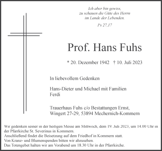 Anzeige von Hans Fuhs von  Blickpunkt Euskirchen 