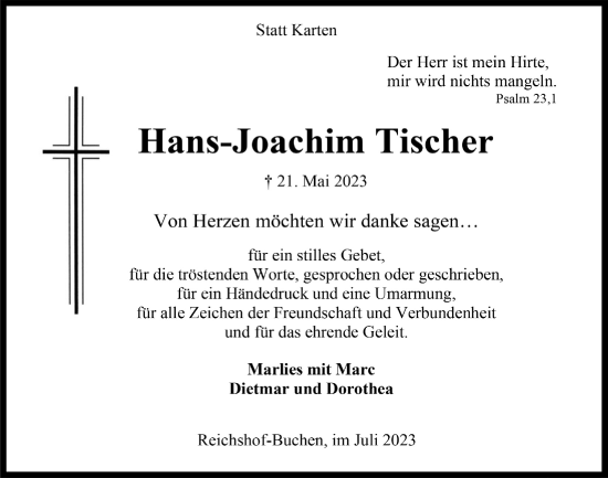 Anzeige von Hans-Joachim Tischer von  Anzeigen Echo 