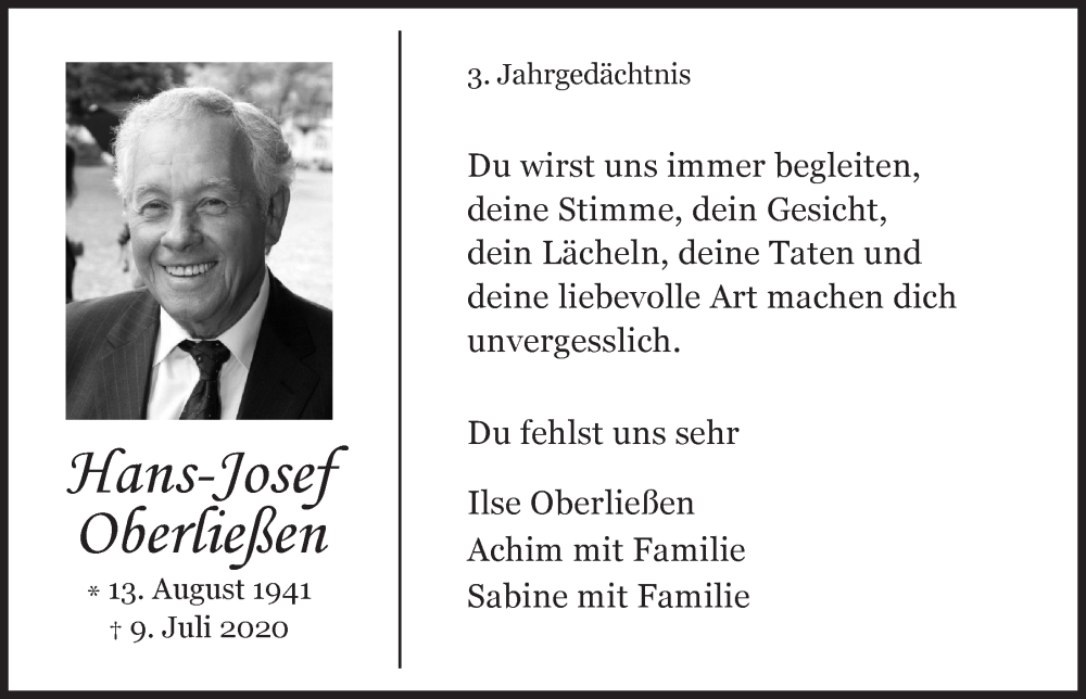  Traueranzeige für Hans-Josef Oberließen vom 18.07.2023 aus  Bergisches Handelsblatt 