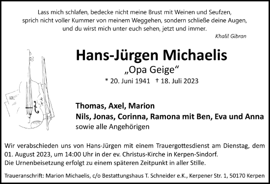 Anzeige von Hans-Jürgen Michaelis von  Werbepost 