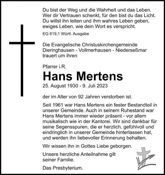 Anzeige von Hans Mertens von  Anzeigen Echo 