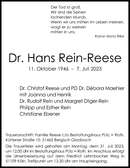 Anzeige von Hans Rein-Reese von Kölner Stadt-Anzeiger / Kölnische Rundschau / Express