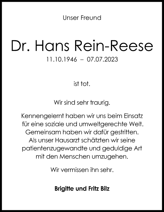 Anzeige von Hans Rein-Reese von Kölner Stadt-Anzeiger / Kölnische Rundschau / Express