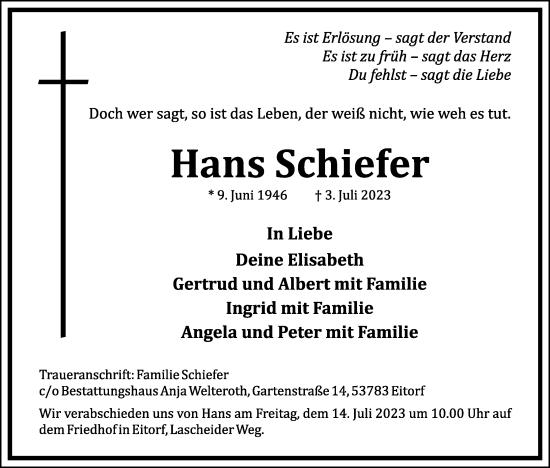 Anzeige von Hans Schiefer von Kölner Stadt-Anzeiger / Kölnische Rundschau / Express