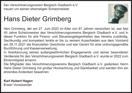 Anzeige von Hans Dieter Grimberg von Kölner Stadt-Anzeiger / Kölnische Rundschau / Express