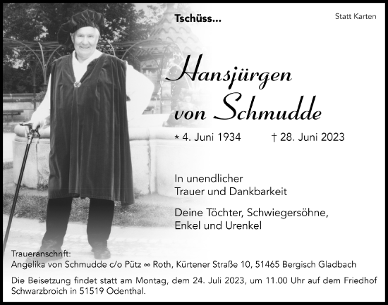Anzeige von Hansjürgen von Schmudde von  Bergisches Handelsblatt 