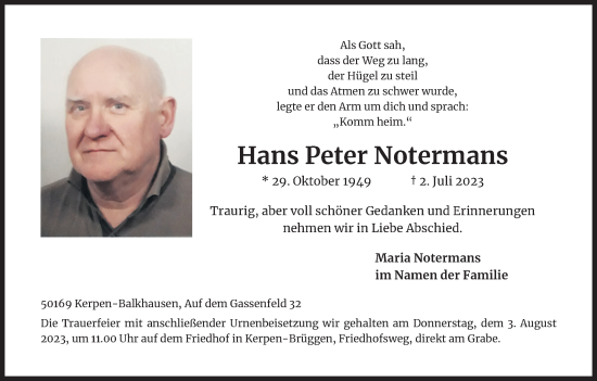 Anzeige von Hans Peter Notermans von Kölner Stadt-Anzeiger / Kölnische Rundschau / Express