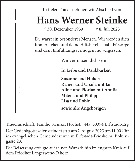 Anzeige von Hans Werner Steinke von  Werbepost 