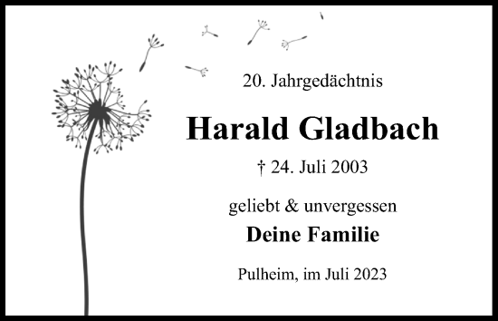 Anzeige von Harald Gladbach von Kölner Stadt-Anzeiger / Kölnische Rundschau / Express