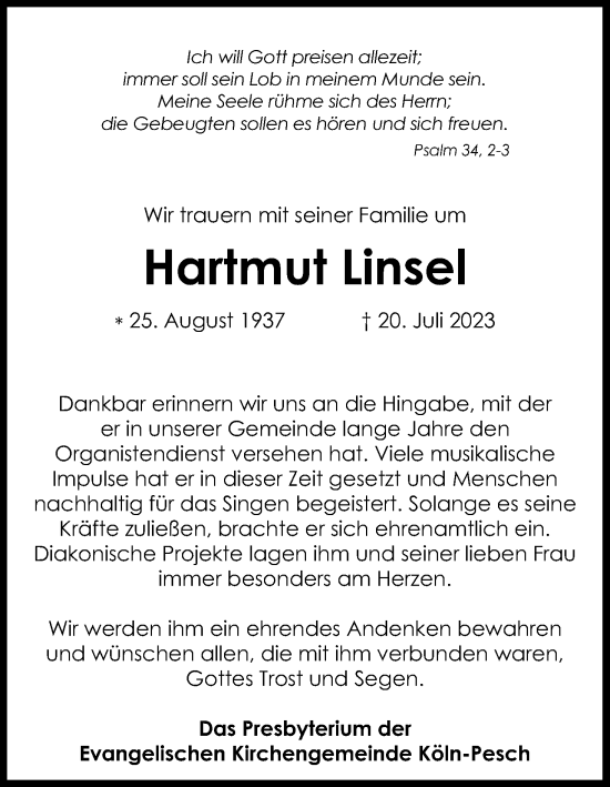 Anzeige von Hartmut Linsel von Kölner Stadt-Anzeiger / Kölnische Rundschau / Express