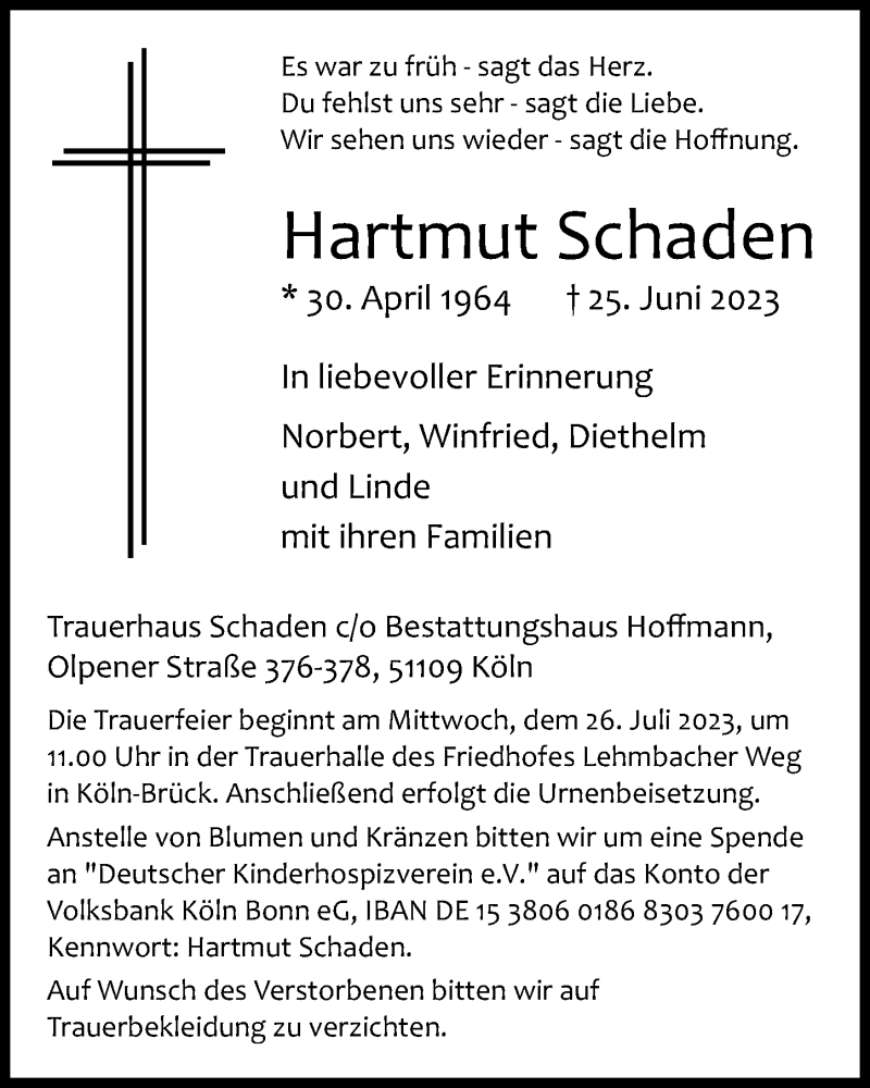  Traueranzeige für Hartmut Schaden vom 14.07.2023 aus  Extra Blatt 