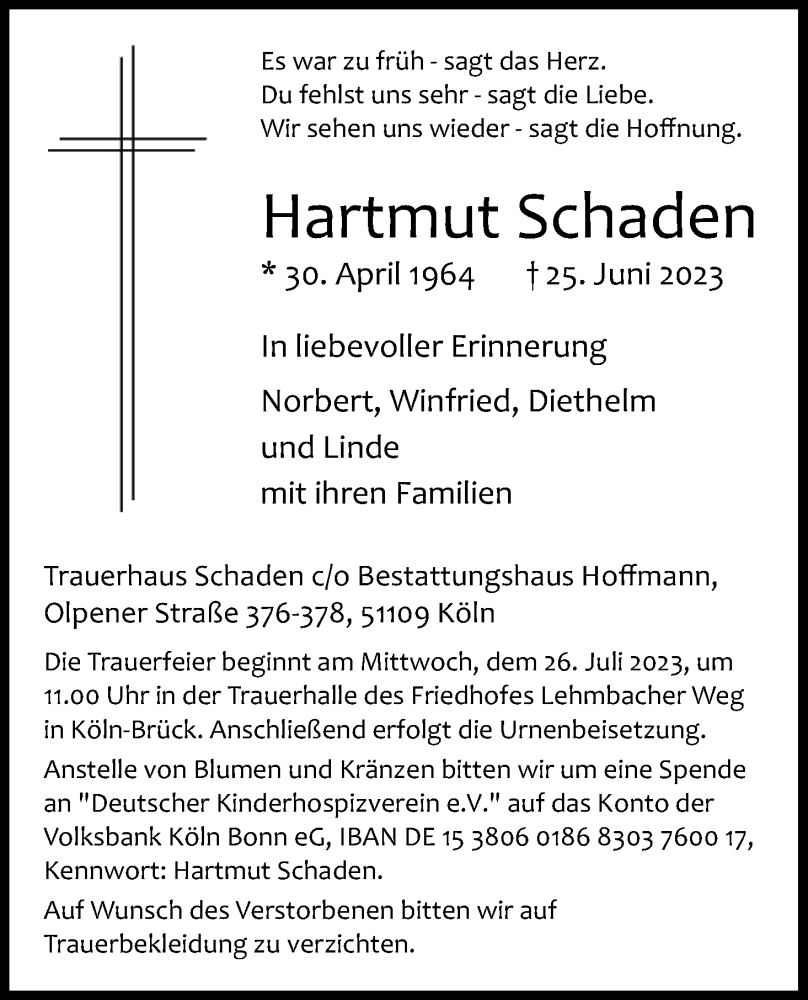  Traueranzeige für Hartmut Schaden vom 15.07.2023 aus Kölner Stadt-Anzeiger / Kölnische Rundschau / Express