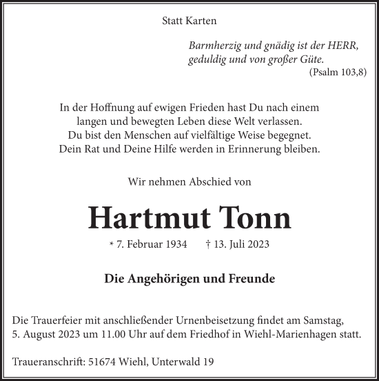 Anzeige von Hartmut Tonn von  Anzeigen Echo 