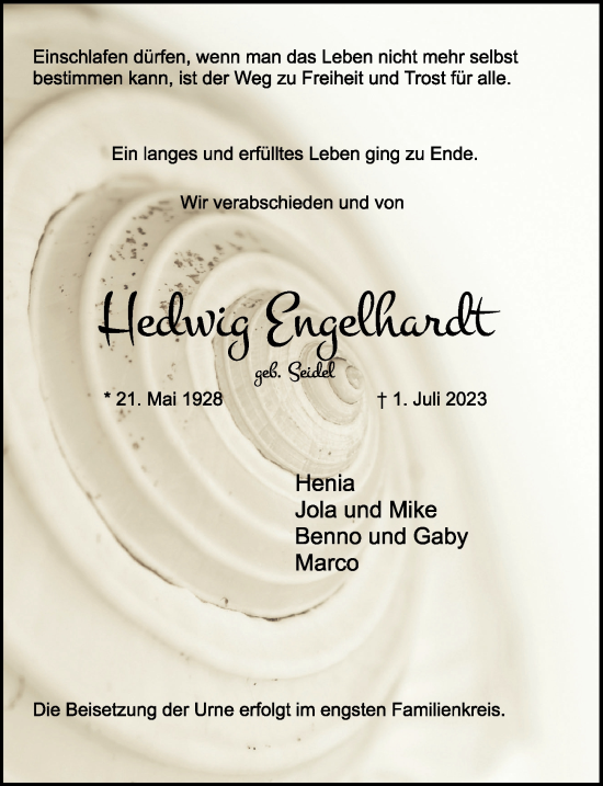 Anzeige von Hedwig Engelhardt von  Lokale Informationen 