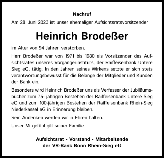 Anzeige von Heinrich Brodeßer von Kölner Stadt-Anzeiger / Kölnische Rundschau / Express