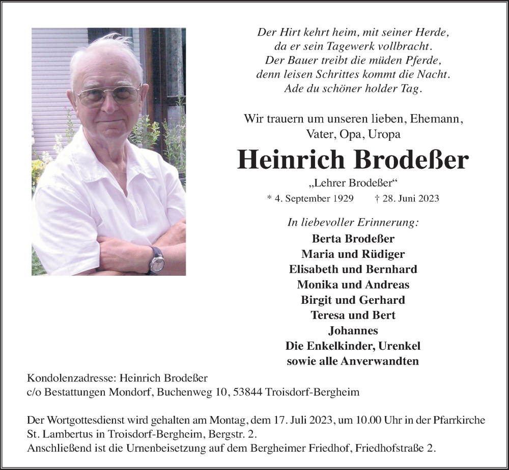  Traueranzeige für Heinrich Brodeßer vom 08.07.2023 aus Kölner Stadt-Anzeiger / Kölnische Rundschau / Express