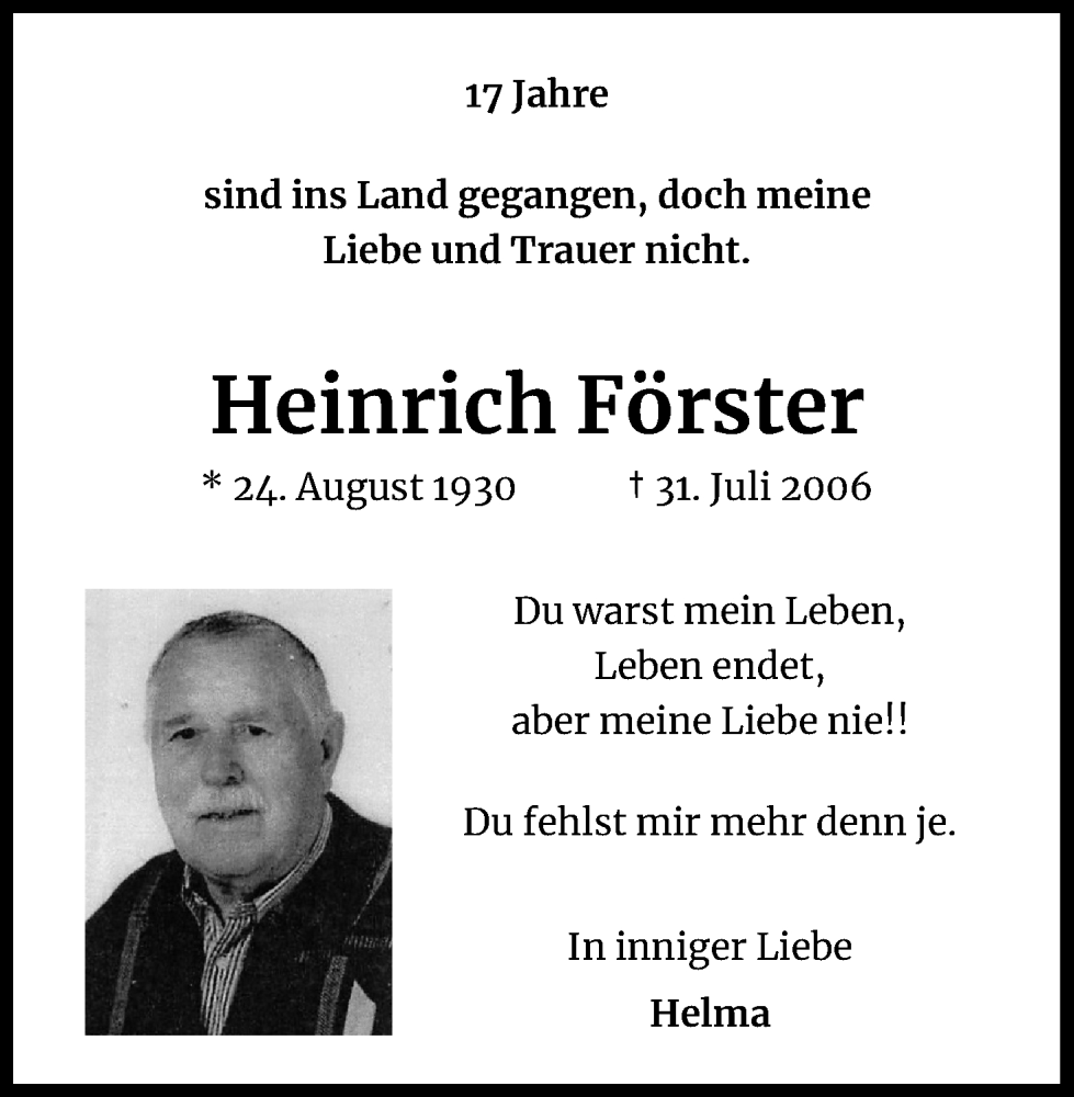  Traueranzeige für Heinrich Förster vom 18.07.2023 aus Kölner Stadt-Anzeiger / Kölnische Rundschau / Express