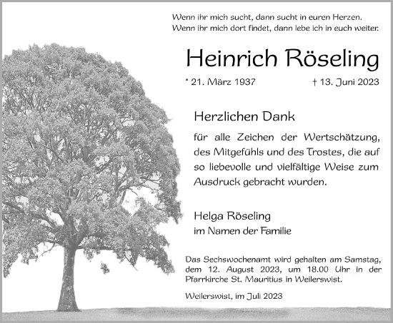 Anzeige von Heinrich Röseling von  Blickpunkt Euskirchen 