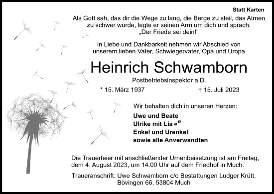Anzeige von Heinrich Schwamborn von Kölner Stadt-Anzeiger / Kölnische Rundschau / Express