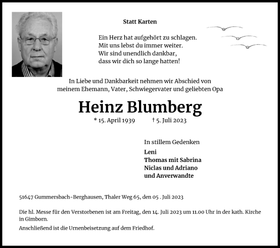 Anzeige von Heinz Blumberg von Kölner Stadt-Anzeiger / Kölnische Rundschau / Express