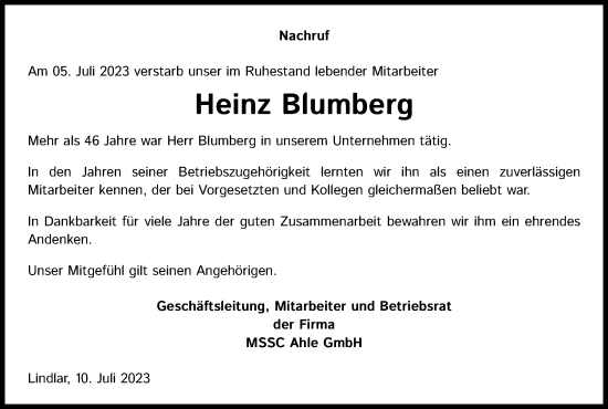 Anzeige von Heinz Blumberg von Kölner Stadt-Anzeiger / Kölnische Rundschau / Express