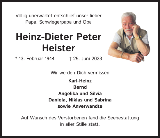 Anzeige von Heinz-Dieter Peter Heister von Kölner Stadt-Anzeiger / Kölnische Rundschau / Express