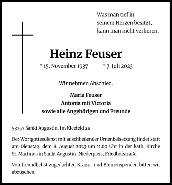 Anzeige von Heinz Feuser von Kölner Stadt-Anzeiger / Kölnische Rundschau / Express